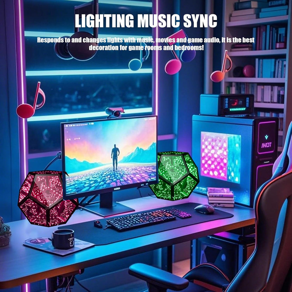 Infinity Mirror Light Cool Led Changing Night Dodecahedron Light with Music Sync Function for USB Powered for Computer Gaming Desk Birthday(5.91×7.09×7.09In)