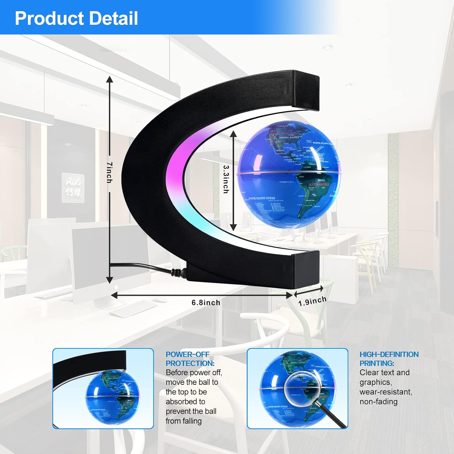 Magnetic Levitation Floating Globe, Levitating C Shape Globe with LED Lights for Education Home Office Desk Bookshelf Decor, Holiday Anniversary Creative Gift(3.3 Inches)