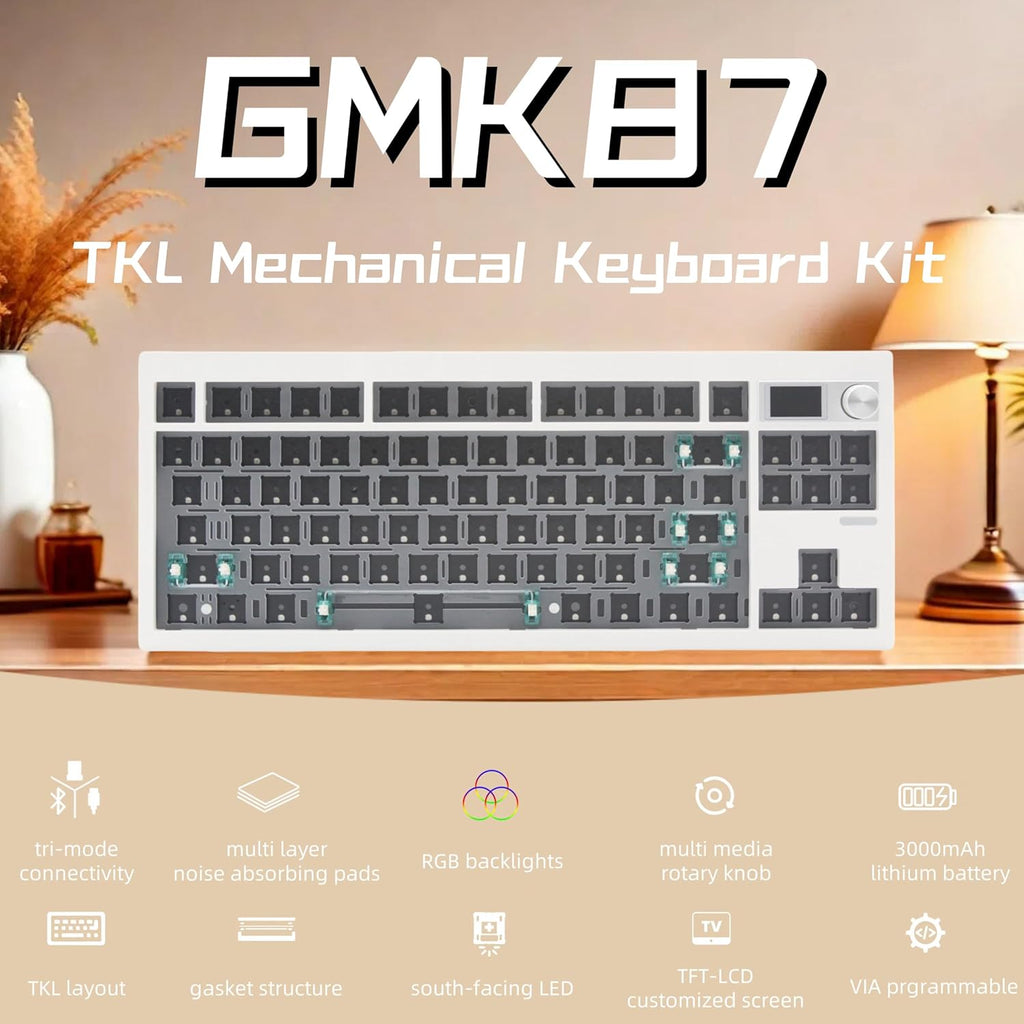 GMK87 TKL Mechanical Keyboard Kit Tri-Mode for 3/5Pin Switches,85 Keys+Rotary Knob+Tft-Lcd Screen Hotswap PCB Gasket Mounted,Via Programmable DIY Keyboard Kit (White)