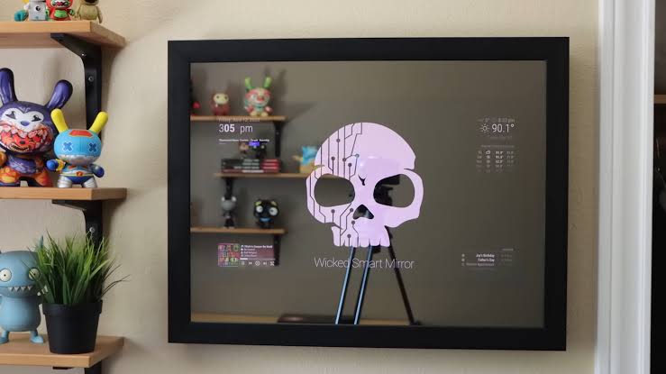Wall-mounted smart mirror displaying a household dashboard.